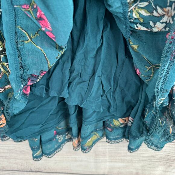 Free People Floral Rough Seam Semi Sheer Sleeve Mini Dress Womens Small Green - Picture 7 of 12